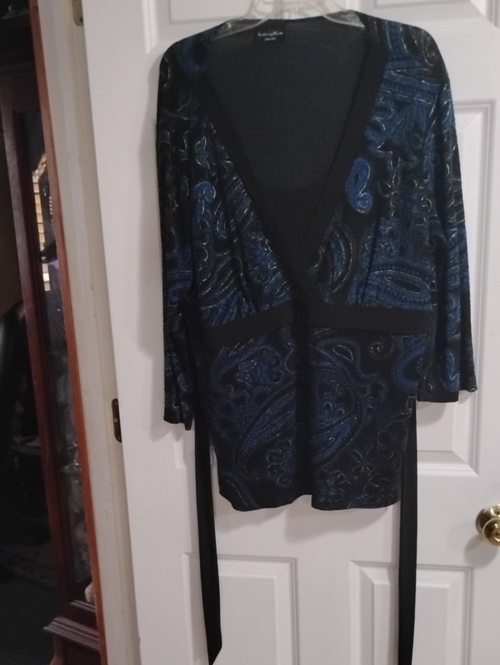 Brittany Black Blue Paisley Wrap Tunic with Black Trim